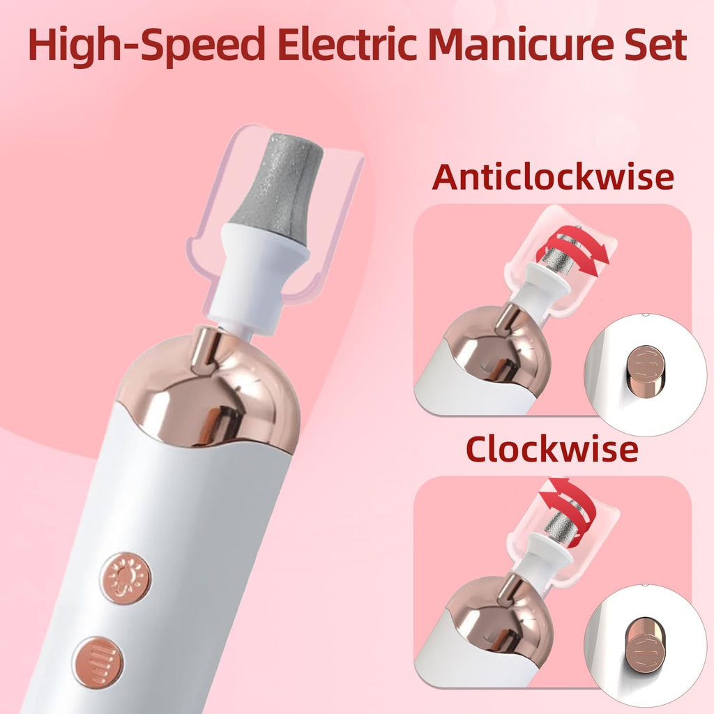 Maniküre Set Elektrisch, USB Wiederaufladbar Pediküre Set Fußpflege Elektrisch Nagelfeile mit 8 Aufsätze, LED-Licht, Nagelpflege für Schöne Hände und Füße, (Weiß, Roségold) MJQ005