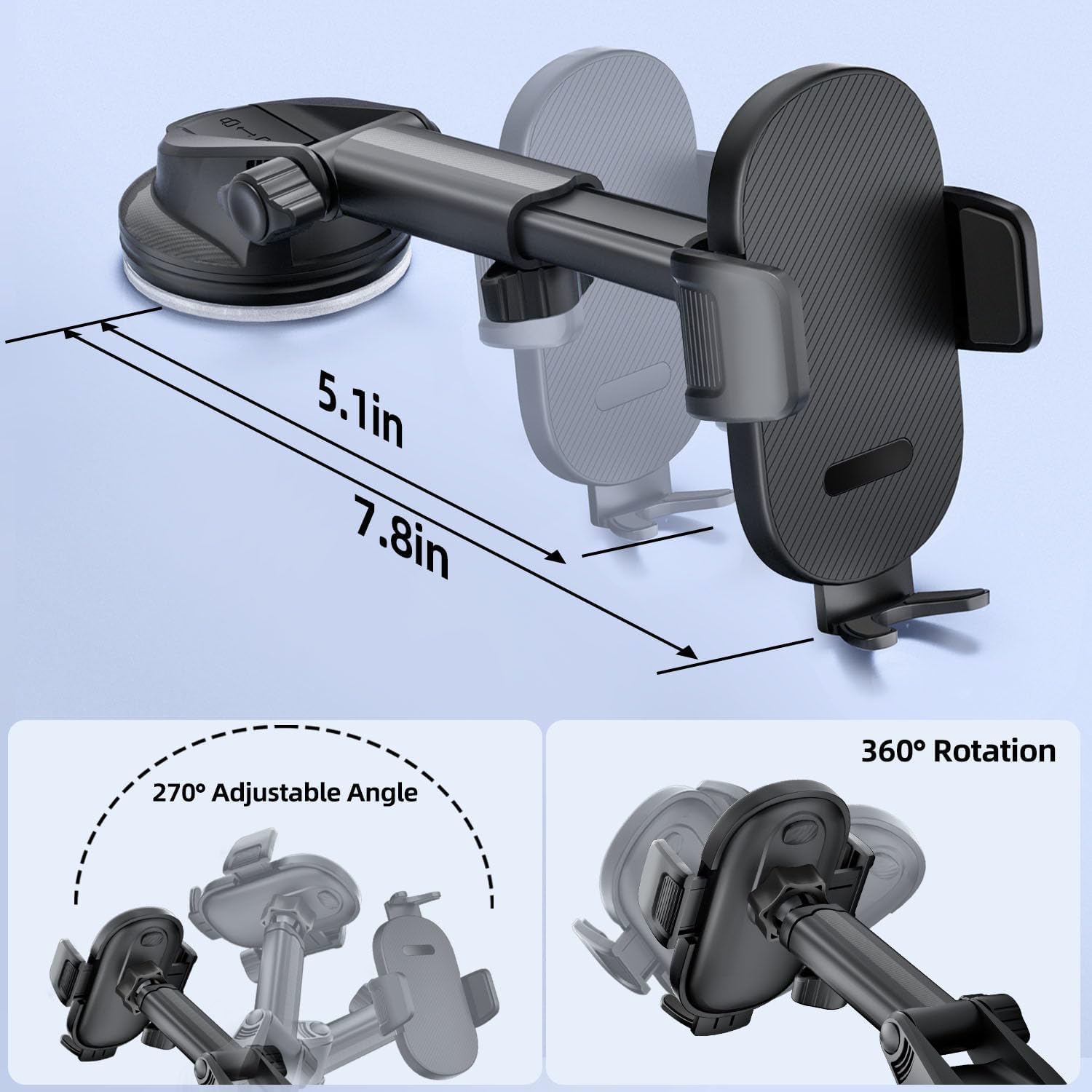 Car Phone Holder [Upgraded Suction], Car Phone Mount 360° Rotation, With Super Strong Suction,Phone Cradle for Dashboard/Windscreen/Air Vent, Phone Holder for all 4.0''-7.0'' phones black
