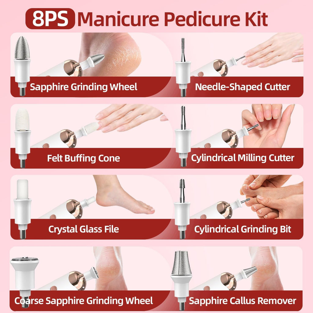 Maniküre Set Elektrisch, USB Wiederaufladbar Pediküre Set Fußpflege Elektrisch Nagelfeile mit 8 Aufsätze, LED-Licht, Nagelpflege für Schöne Hände und Füße, (Weiß, Roségold) MJQ005