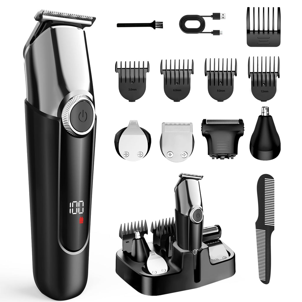 Hair Clippers and Beard Trimmer for Men, All-in-One Waterproof Electric Razor & Nose Hair Trimmer with LED Display, Rechargeable Cordless Face & Body Grooming Kit