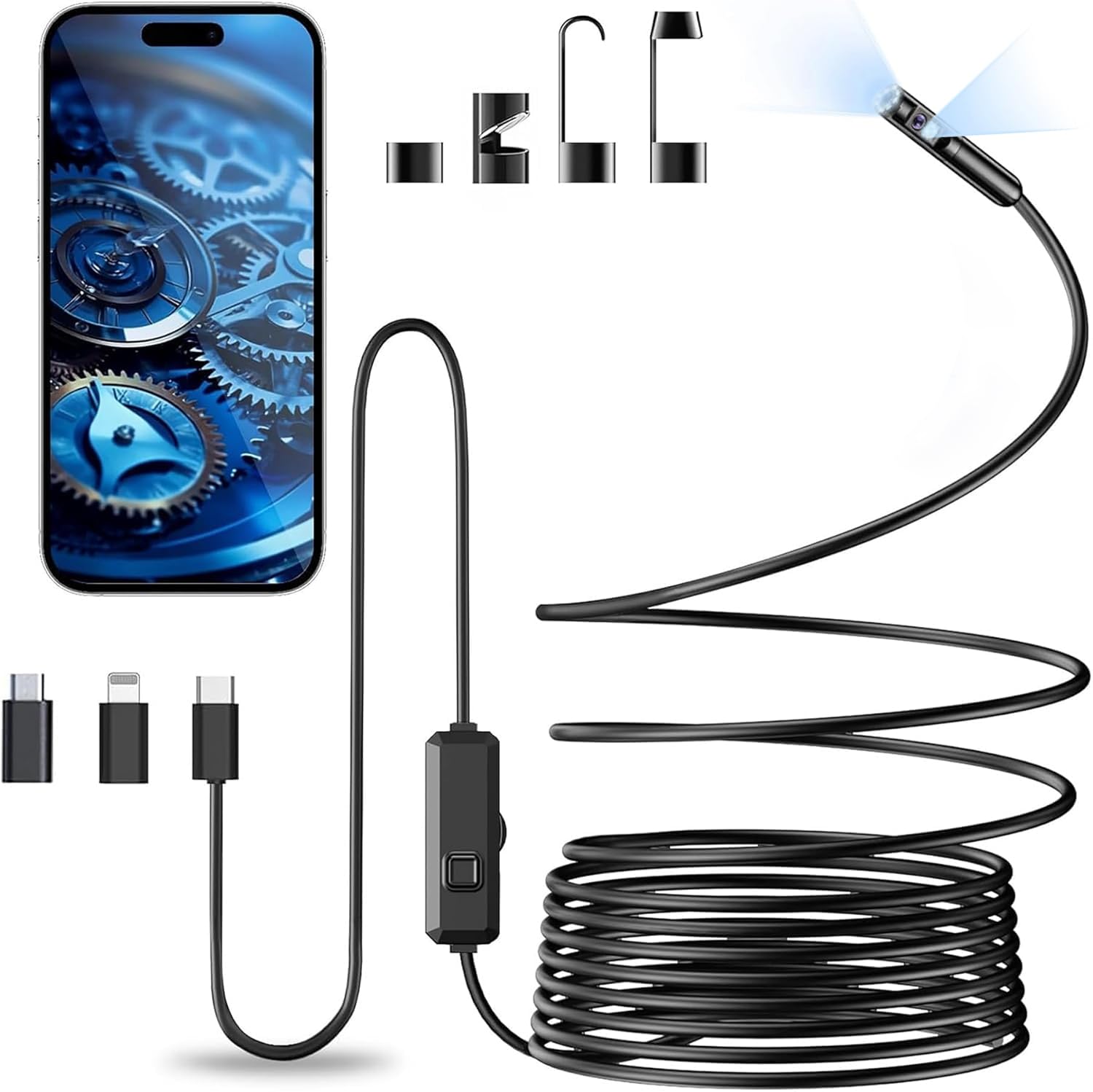 Endoscope Inspection Camera, 1920P HD Endoscopic Camera, Endoscope for Mobile with 8 LED Lights 7.9 mm Probe, IP68 Waterproof Pipe Inspection Camera for Android, iPhone (5 M)