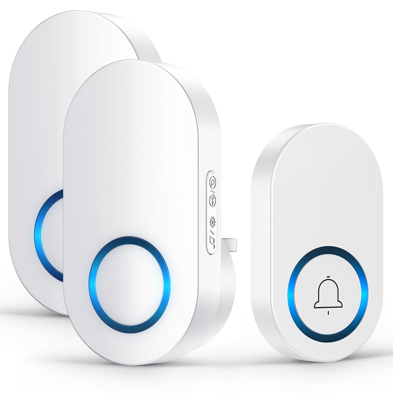 Sonnette sans Fil, IP44 Étanche 150 Mètres Sonnette Electronique, Kit de Carillon avec 2 Récepteurs Enfichables pour la Maison, LED pour Maison, 560Mélodies, 4 Niveaux Volumes