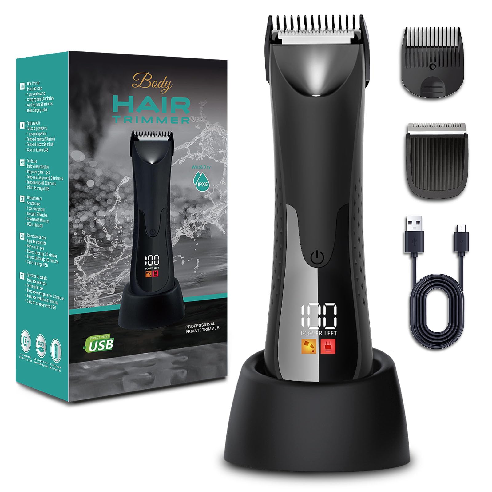 Men's Intimate Shaver, Painless Body Razor with LED Light and Display, Men's Intimate Area, Wet and Dry, Body Hair Trimmer for Legs, Chest, Armpit and Groin