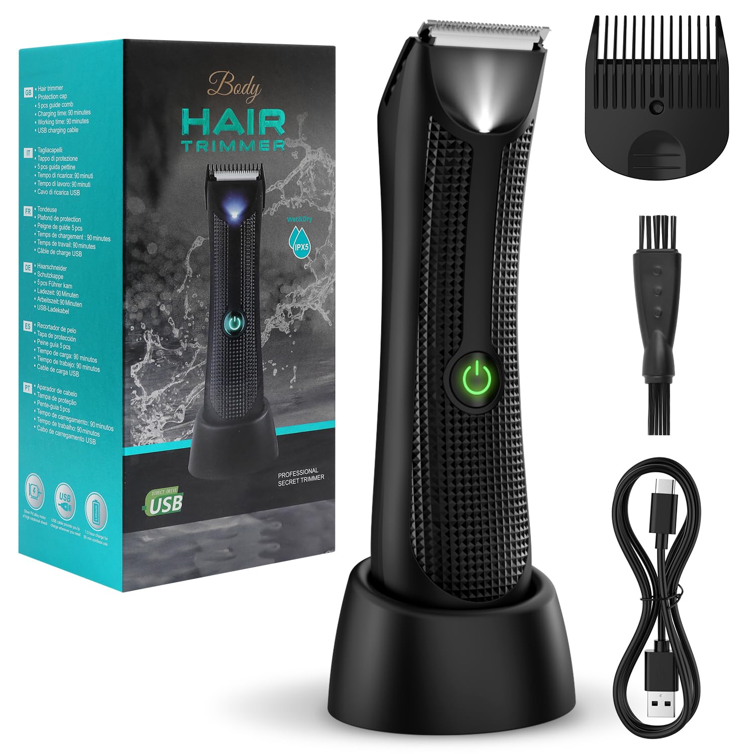 Pubic & Body Hair Trimmer for Men, Body Groomer, Electric Groin Hair Trimmer with Ceramic Blade Head, Wet/Dry Shaver with LED Light and Charging Base（Black）