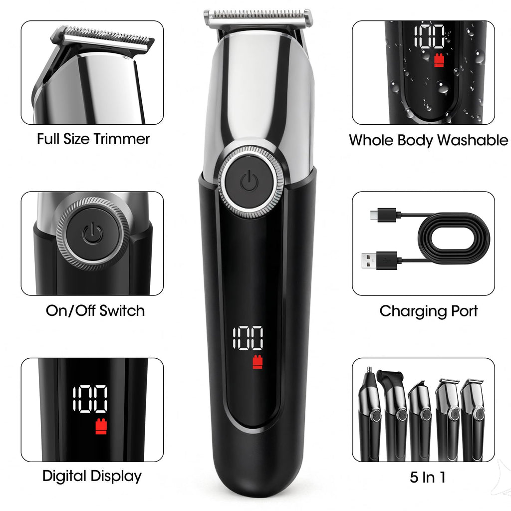Hair Clippers and Beard Trimmer for Men, All-in-One Waterproof Electric Razor & Nose Hair Trimmer with LED Display, Rechargeable Cordless Face & Body Grooming Kit