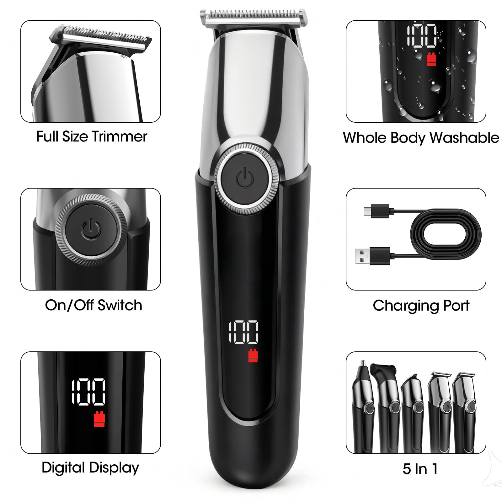 Hair Clippers and Beard Trimmer for Men, All-in-One Waterproof Electric Razor & Nose Hair Trimmer with LED Display, Rechargeable Cordless Face & Body Grooming Kit