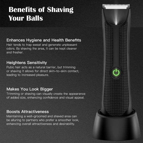 Pubic & Body Hair Trimmer for Men, Body Groomer, Electric Groin Hair Trimmer with Ceramic Blade Head, Wet/Dry Shaver with LED Light and Charging Base（Black）