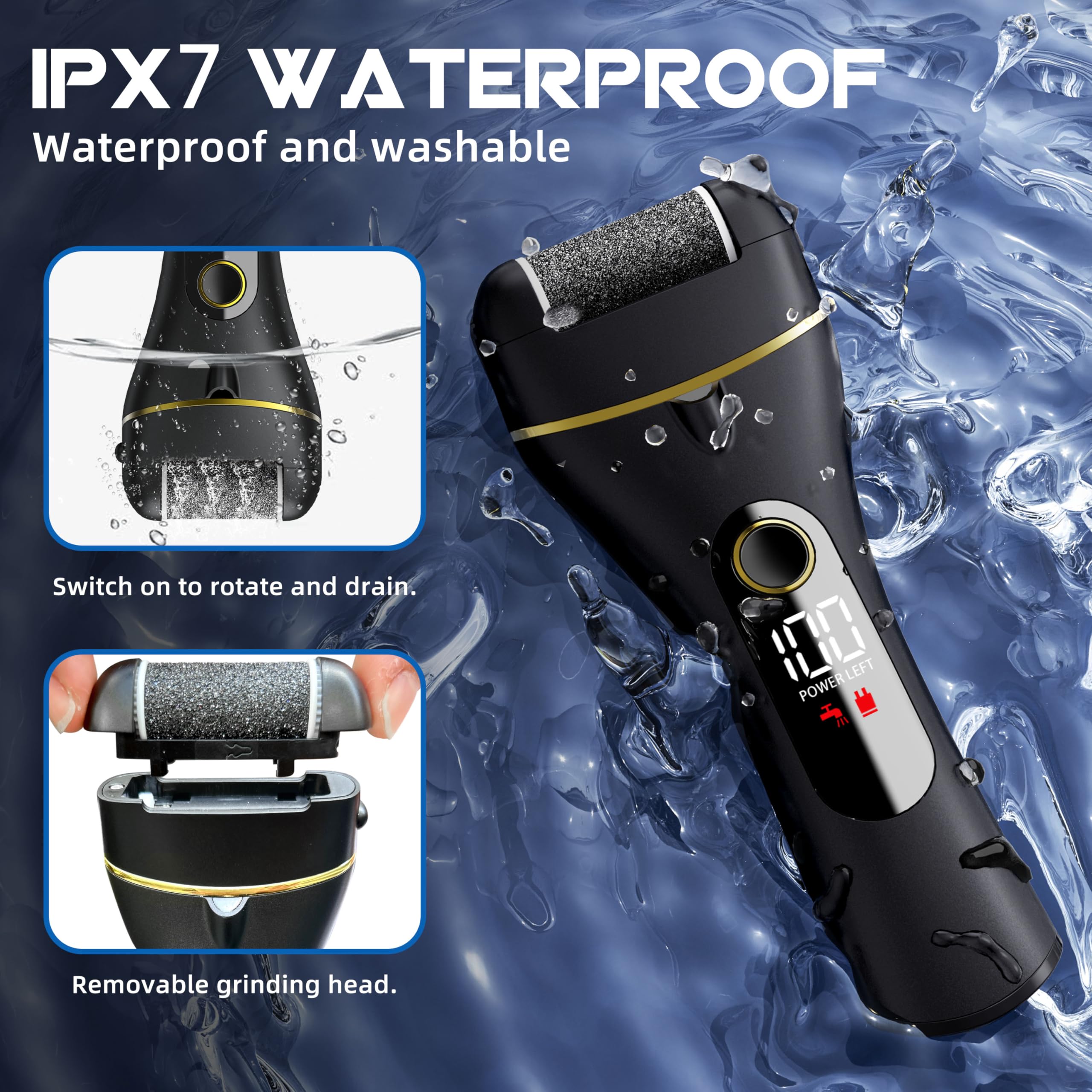 Electric Foot File, 16 in 1 Rechargeable Pedicure Kit, Waterproof Scrubber Dead Skin Removal Tool with 3 Rollers & 2 Speeds for Feet Care, Battery Display(Includes Blades