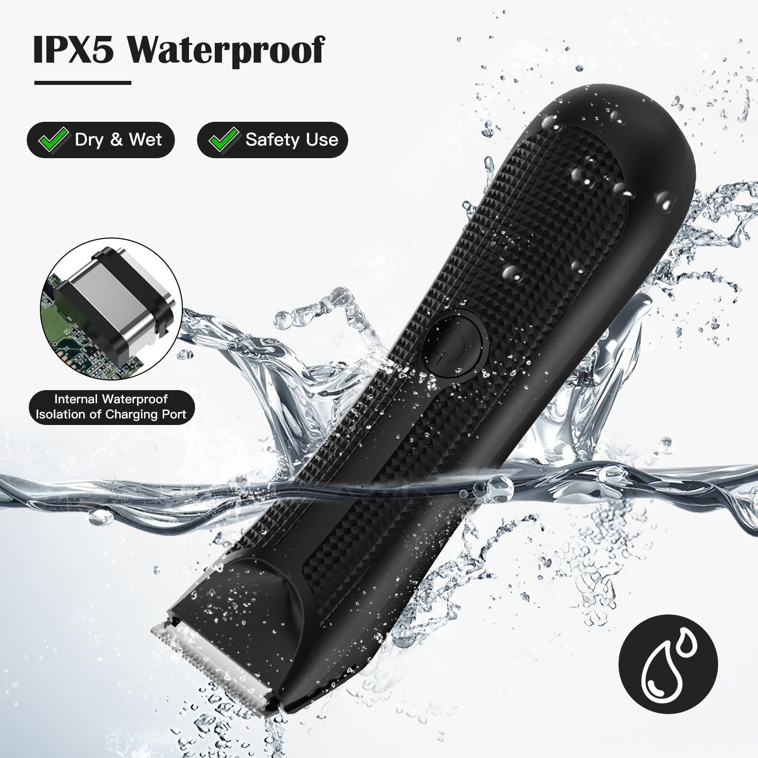 Pubic & Body Hair Trimmer for Men, Body Groomer, Electric Groin Hair Trimmer with Ceramic Blade Head, Wet/Dry Shaver with LED Light and Charging Base（Black）