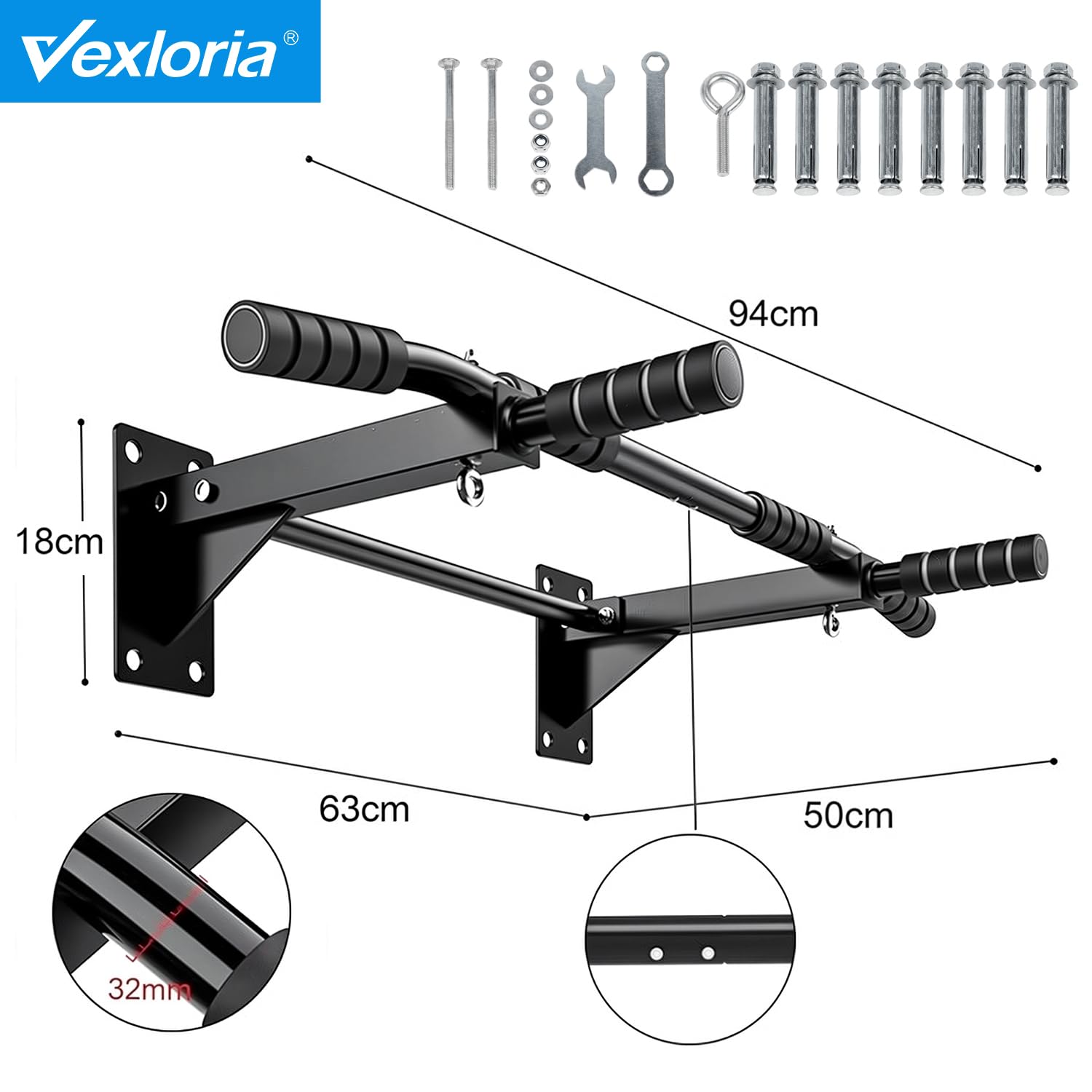 Pull Up Bar, Wall Mounted Pull Up Bar Doorway Home Gym Punch Bag and TRX Training Hook Exercise Bracket Upper Body Workout Bar black