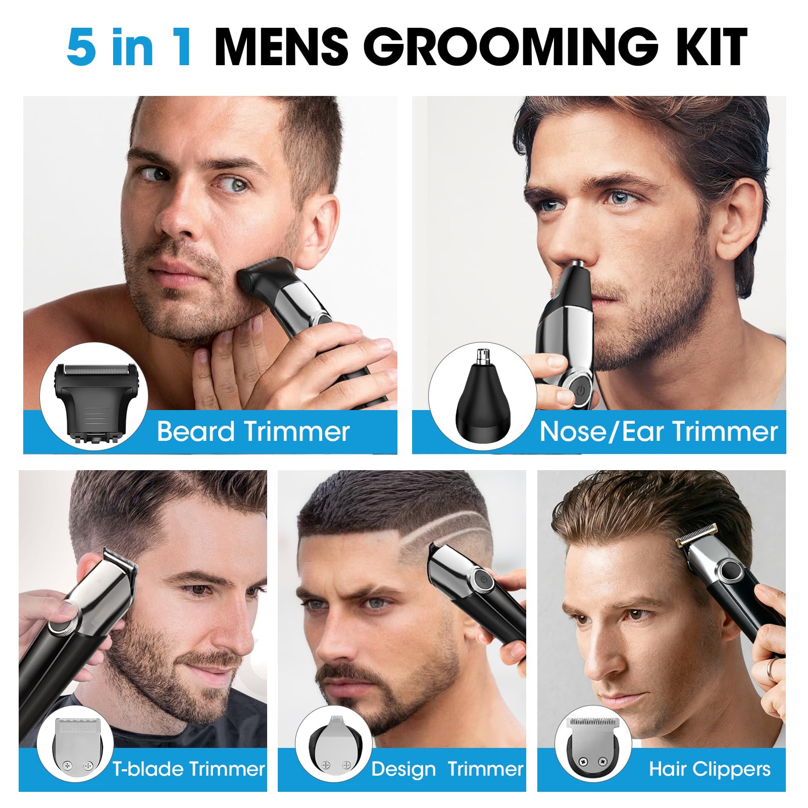 Hair Clippers and Beard Trimmer for Men, All-in-One Waterproof Electric Razor & Nose Hair Trimmer with LED Display, Rechargeable Cordless Face & Body Grooming Kit