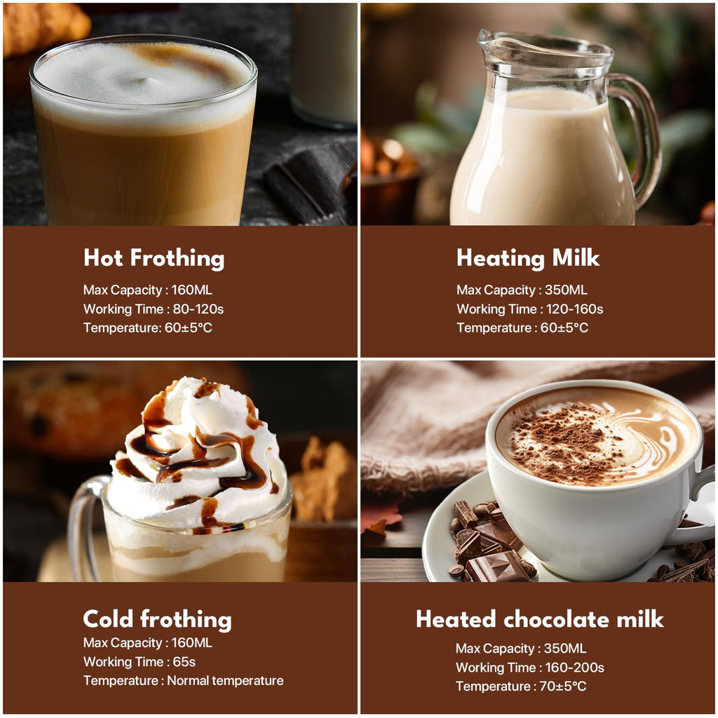 Elektrischer Milchaufschäumer 4-in-1, automatischer Milchaufschäumer 580 ml, leiser Betrieb, für heißen und kalten Milchaufschäumer, großes Fassungsvermögen, für Latte Macchiato, Kaffee und Schokolade HE2 (Schwarz) 