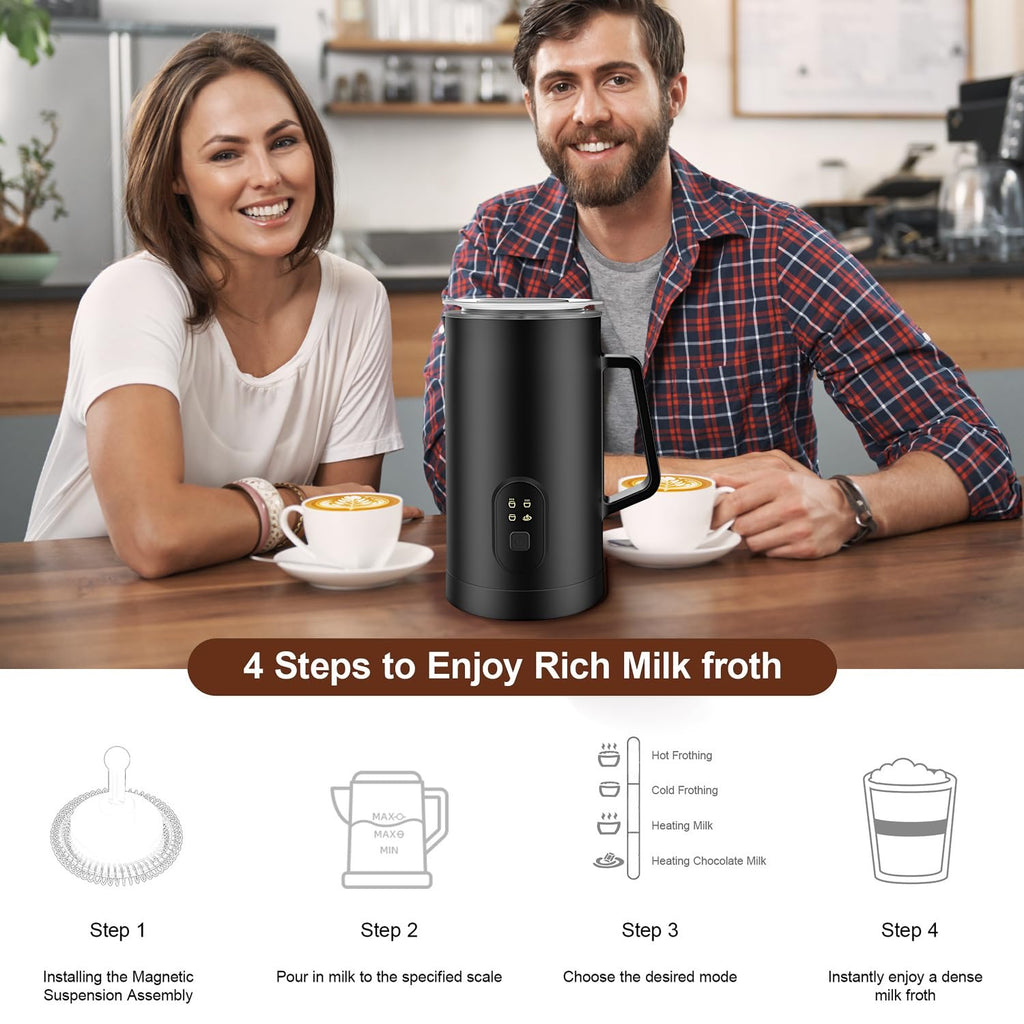 Elektrischer Milchaufschäumer 4-in-1, automatischer Milchaufschäumer 580 ml, leiser Betrieb, für heißen und kalten Milchaufschäumer, großes Fassungsvermögen, für Latte Macchiato, Kaffee und Schokolade HE2 (Schwarz) 